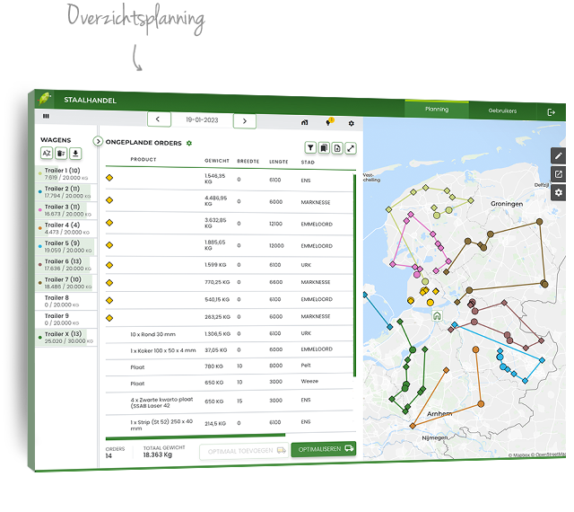 GreenRoutes- Routeoptimalisatie software planscherm